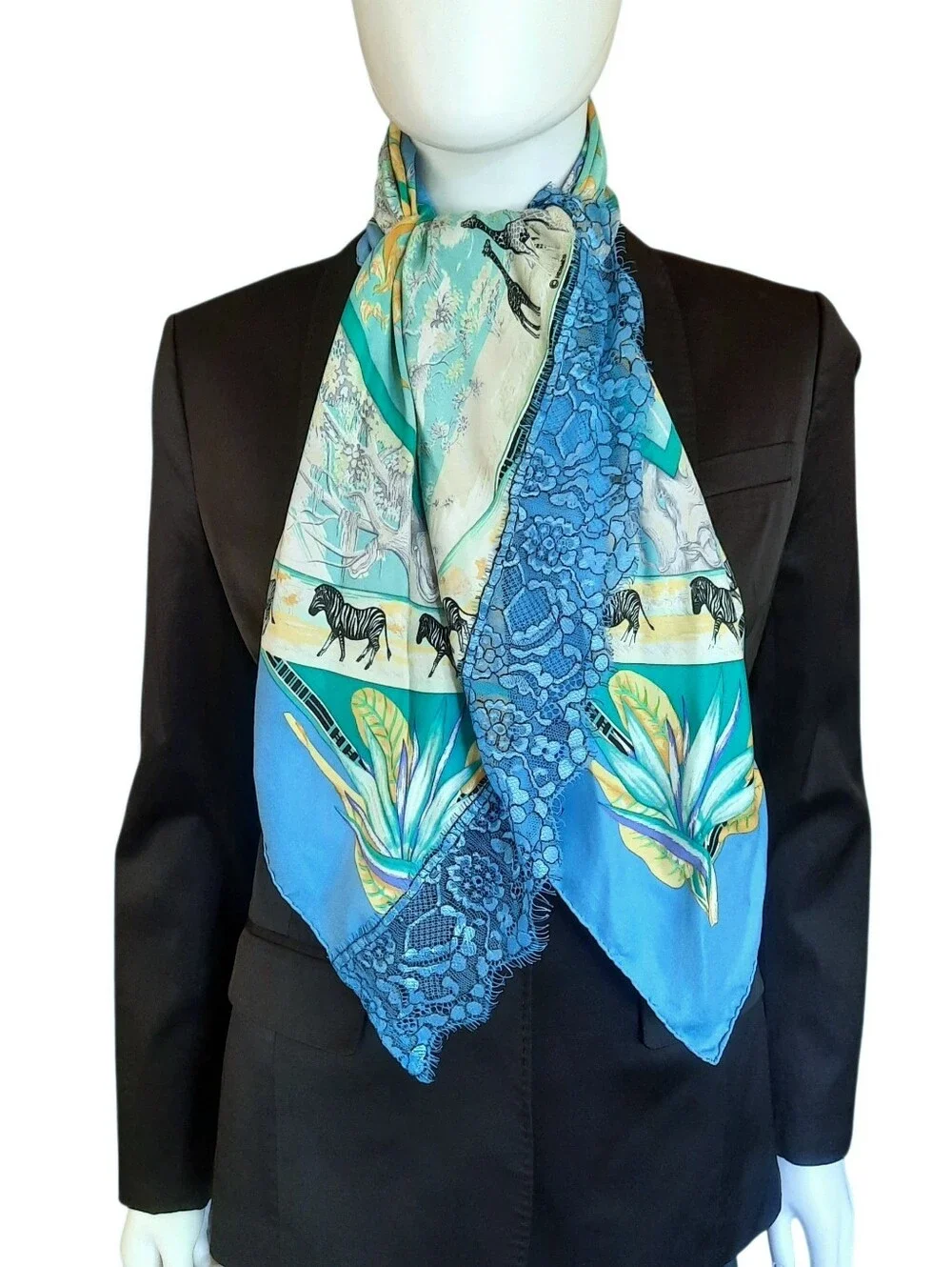 Vintage HERMÈS Tropiques Silk Twill Scarf 90cm Blue/Multi (Altered/Trim Added) - Picture 5 of 16